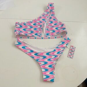 Frankie's Bikinis Pink and Blue Wave Pattern Bikini